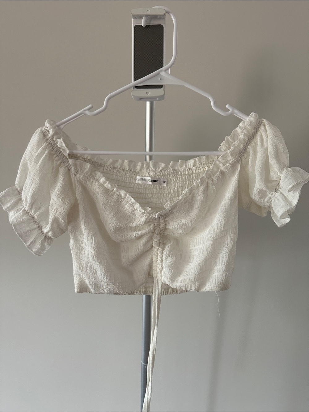 Women's Ivory Drawstring Off-Shoulder Crop Top